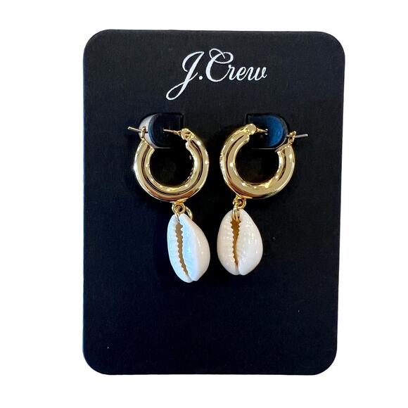 NWT J. Crew Shell Drop Gold Huggie Hoop Earrings - Picture 2 of 6